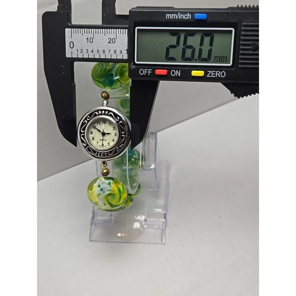 Womens Seiko Movement Lampwork Beaded Watch Bracelet Green Yellow Glass Art